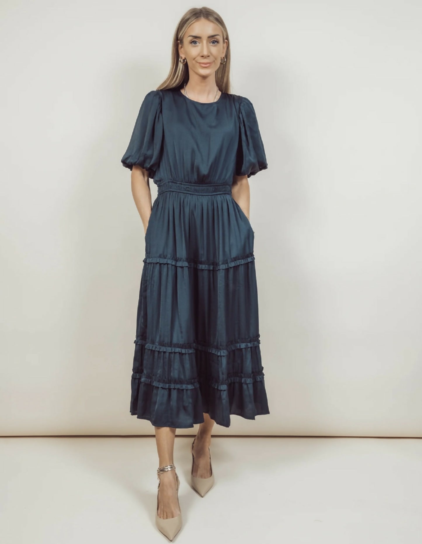 Short Sleeve Navy Midi Dress