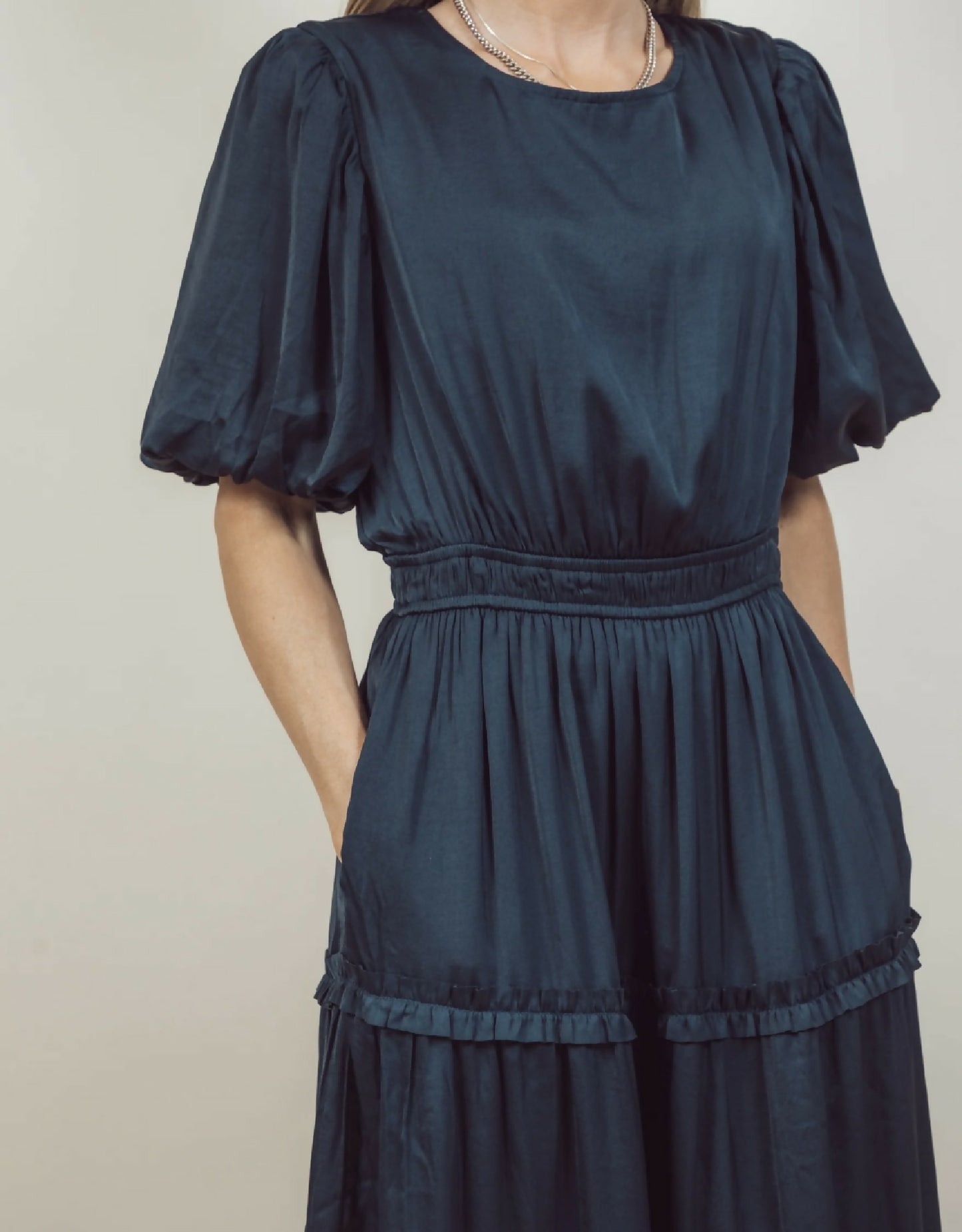 Short Sleeve Navy Midi Dress