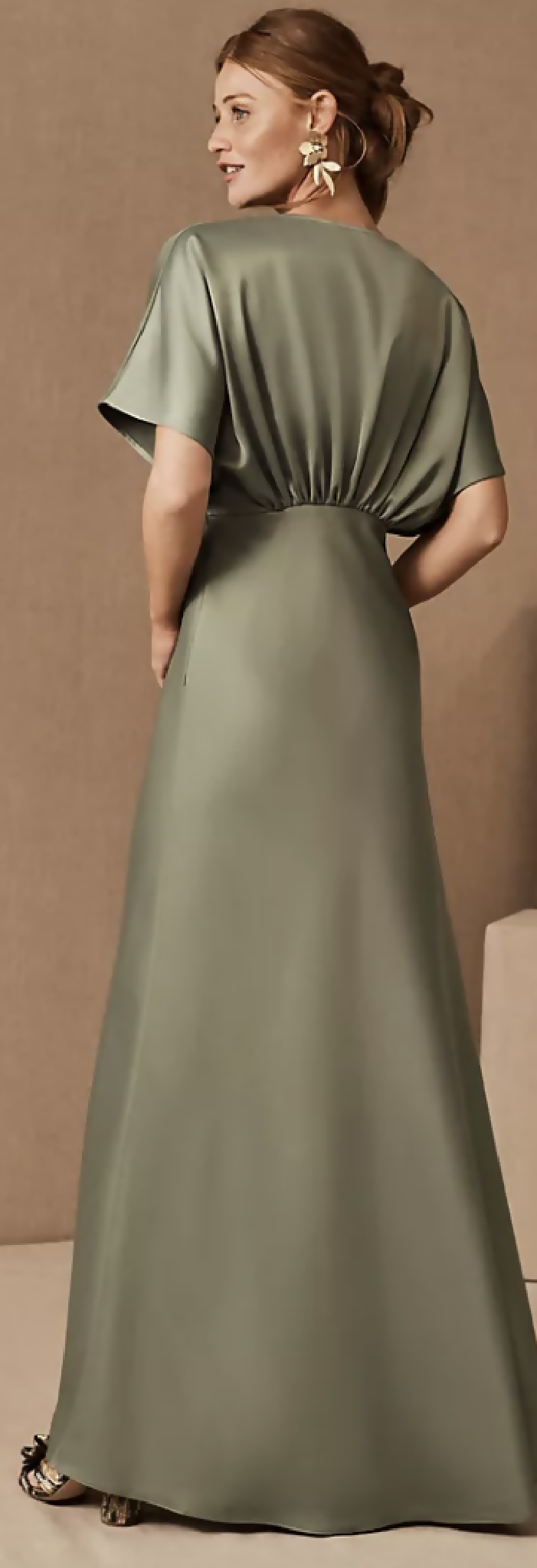 Moss Green Flutter-Sleeve Satin A-Line Gown