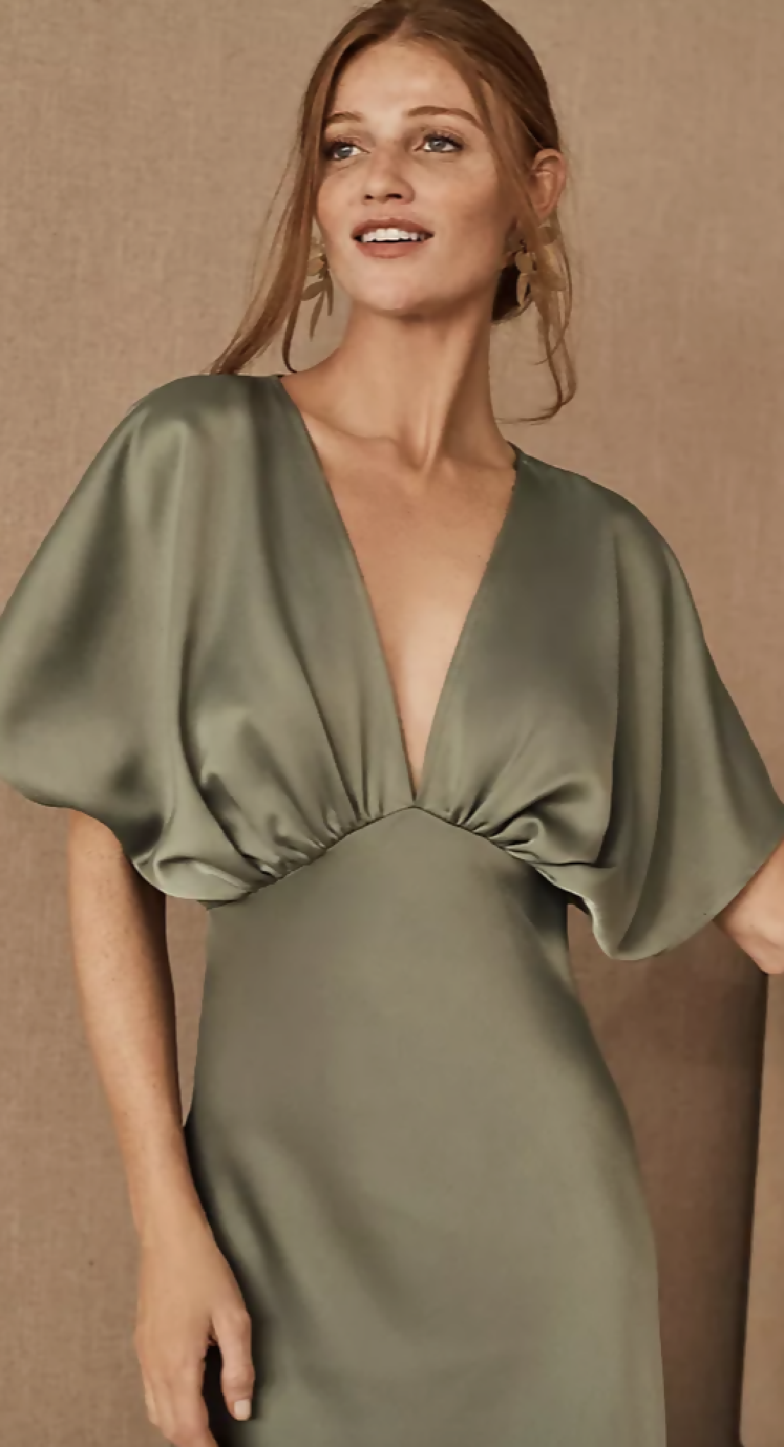 Moss Green Flutter-Sleeve Satin A-Line Gown