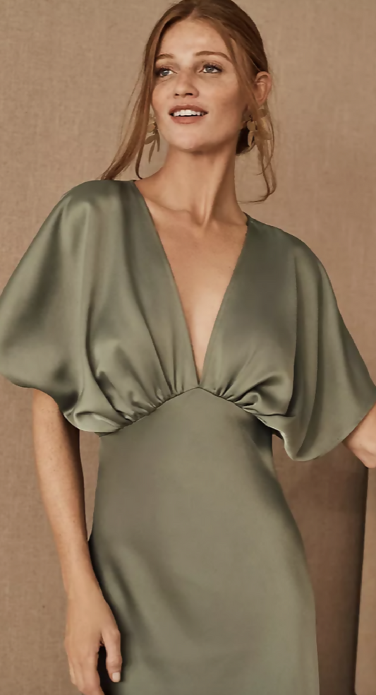 Moss Green Flutter-Sleeve Satin A-Line Gown