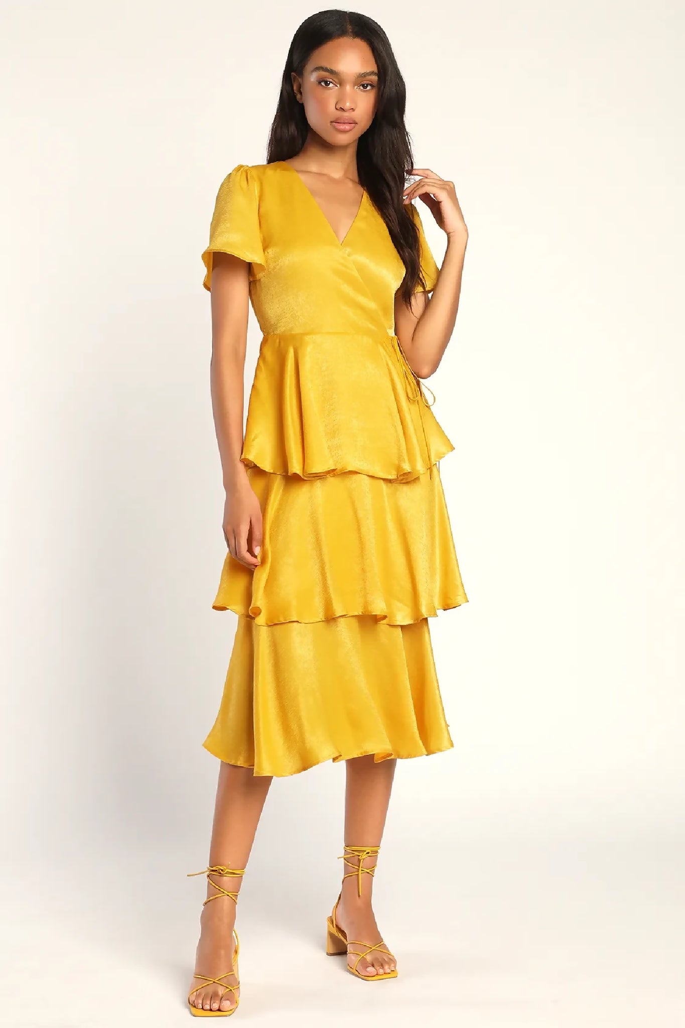 Mustard Flutter Sleeve Tiered Satin Midi Dress