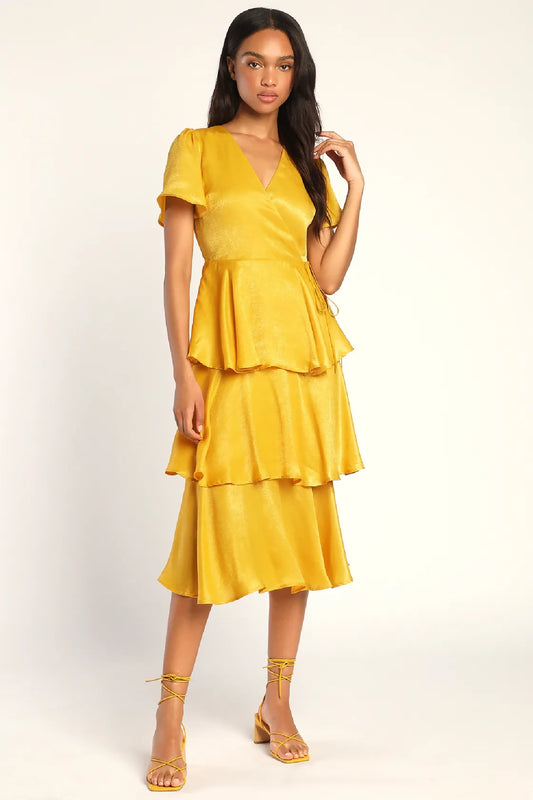 Mustard Flutter Sleeve Tiered Satin Midi Dress
