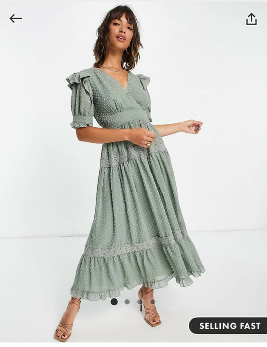 ASOS DESIGN Wrap Front Lace Insert Dobby Midi Tea Dress