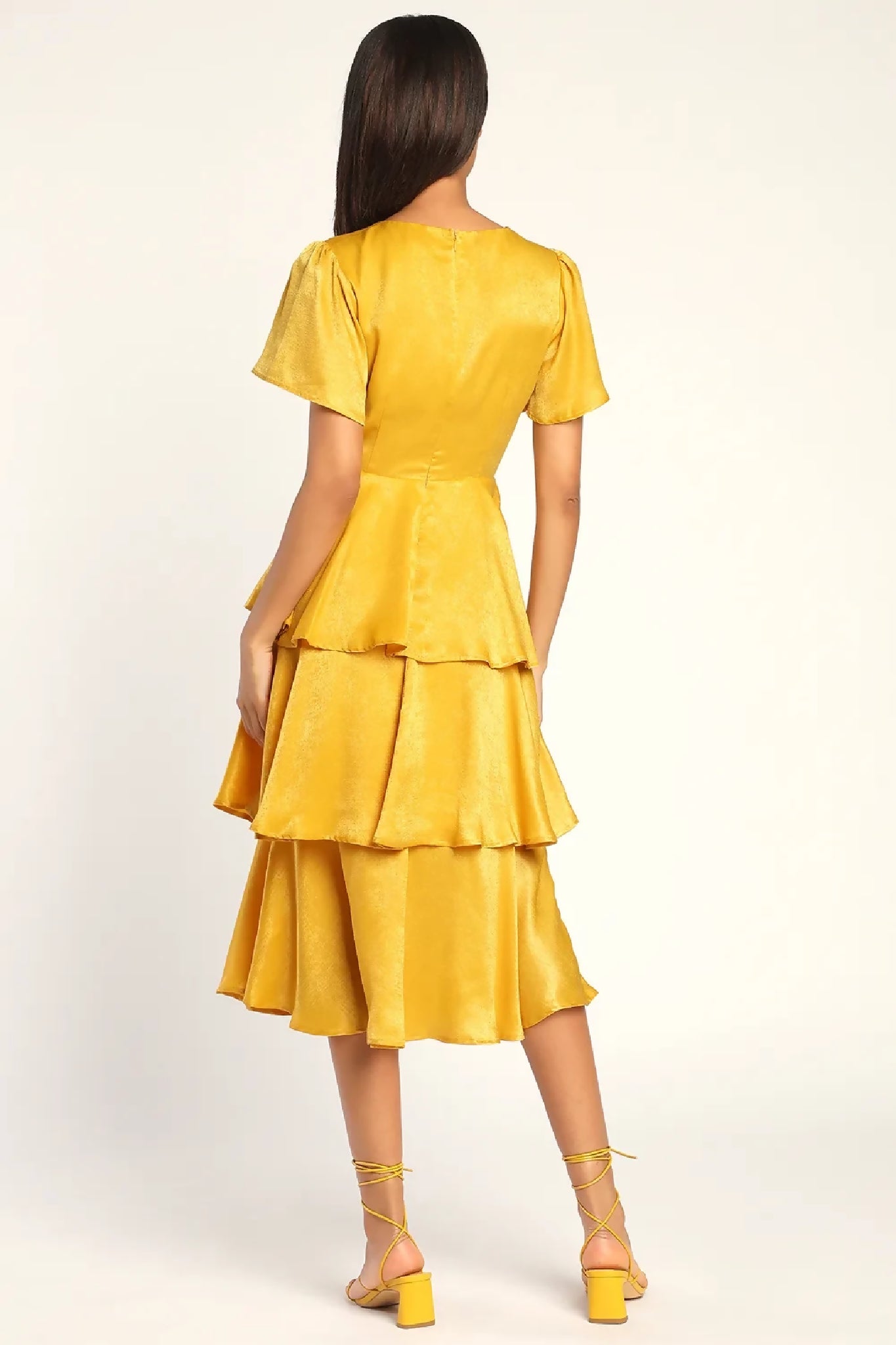 Mustard Flutter Sleeve Tiered Satin Midi Dress