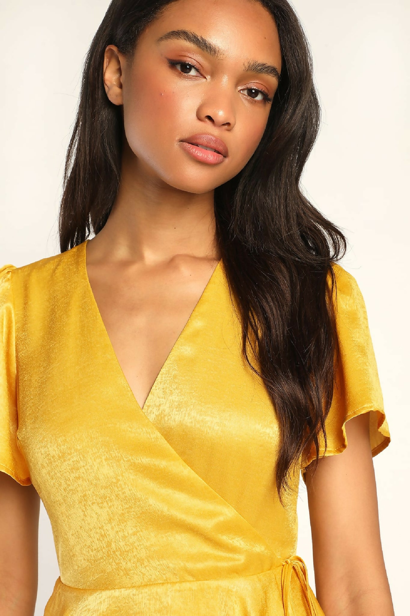 Mustard Flutter Sleeve Tiered Satin Midi Dress